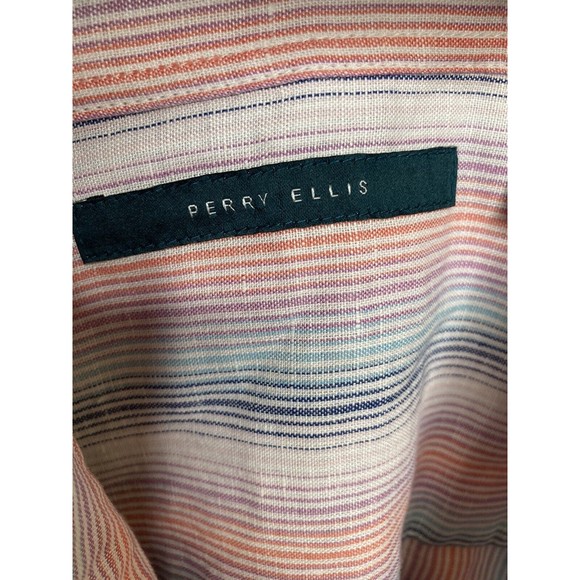 Perry Ellis Mens Short Sleeve Button up Shirt XXL Green and White linen casual - Picture 9 of 9